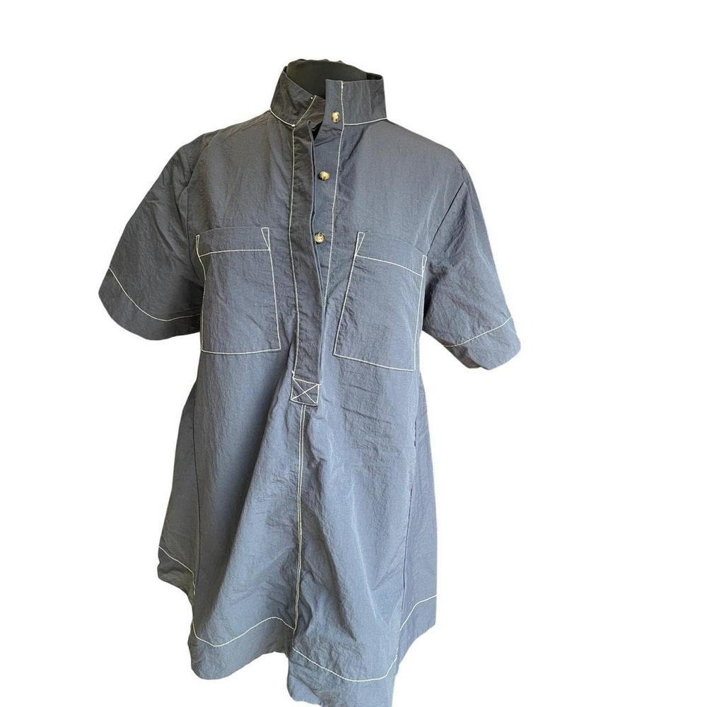 Navy Blue Contrast Stitch Short Sleeve Utility Shift Dress with Pockets